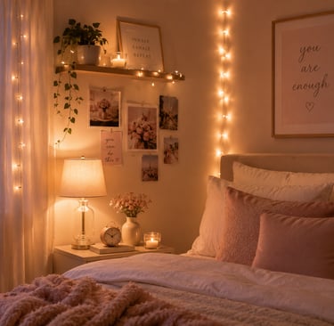 girly bedroom lighting ideas with fairy lights and warm bedside lamp