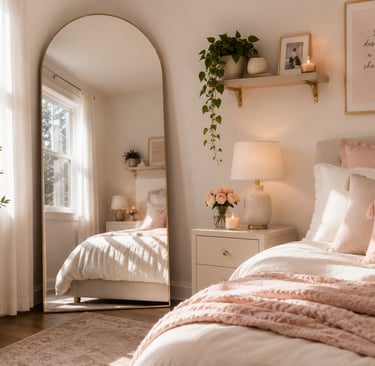 girly bedroom mirror ideas with large arched mirror and natural light