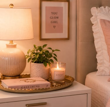 girly bedroom nightstand styling ideas with lamp and decorative tray