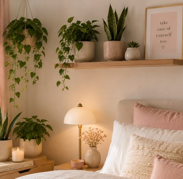 girly bedroom plant ideas with pothos and snake plant on shelves