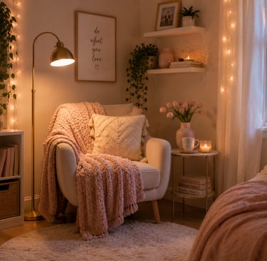 girly bedroom reading corner ideas with armchair and fairy lights