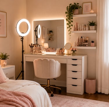 girly bedroom vanity ideas with mirror and organized makeup storage