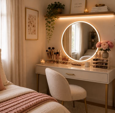 cute bedroom vanity ideas with round mirror and organized acrylic makeup trays
