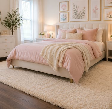 pastel bedroom rug ideas with large cream plush rug extending past bed frame