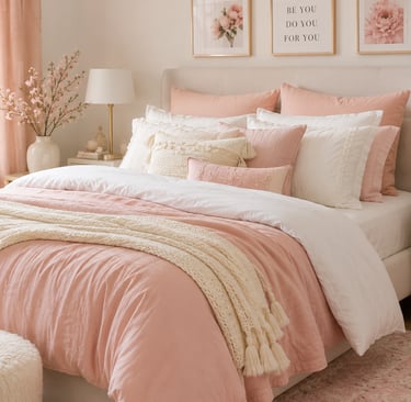 layered girly bedroom bedding with velvet pillows and knit throw