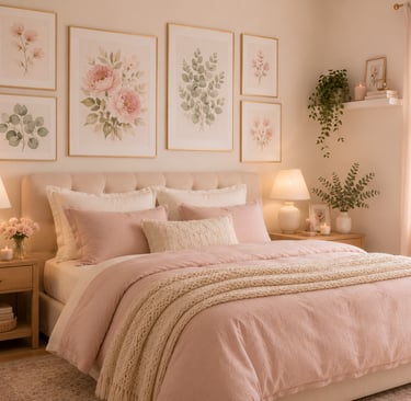 pastel bedroom wall art ideas with watercolor botanical prints in gold frames