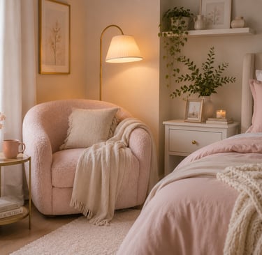 pastel bedroom reading corner with blush bouclé chair warm floor lamp and linen throw