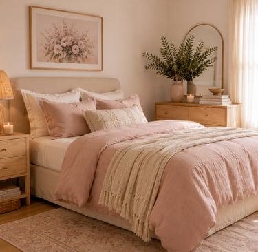 Alt text: pastel bedroom natural wood ideas with birch nightstand rattan lamp and warm linen