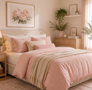 pastel bedroom color mixing ideas with blush pink bedding and sage green plant accents