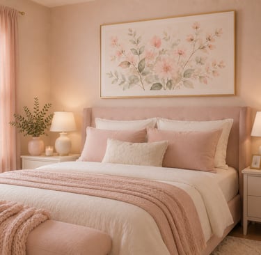 pastel bedroom above bed decor ideas with large watercolor botanical print in gold frame