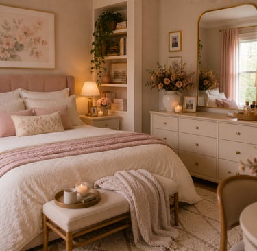 pastel bedroom that has developed over time with personal elements alongside designed choices