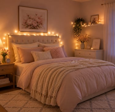 pastel bedroom lighting ideas with warm bedside lamp and fairy lights creating soft evening atmosphe