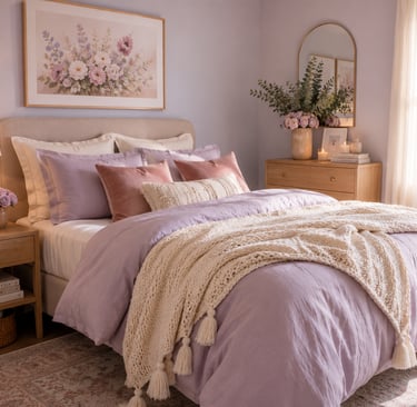 pastel bedroom bedding ideas with lavender linen duvet cream knit throw and velvet pillows