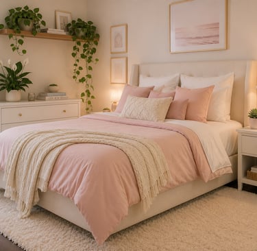 pastel bedroom plant ideas with trailing pothos on shelf peace lily on dresser and succulent on nigh