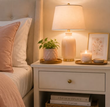 pastel bedroom nightstand styling with lamp plant candle and wooden tray
