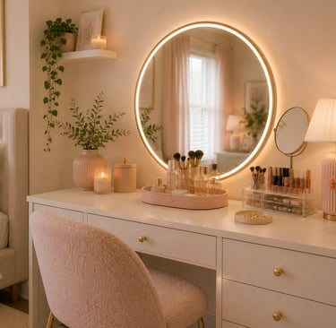 pastel bedroom vanity ideas with round mirror warm lighting and organized pastel accessories