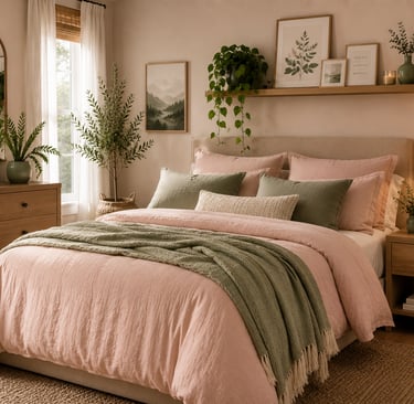 pink and sage green bedroom ideas with blush bedding and green plants
