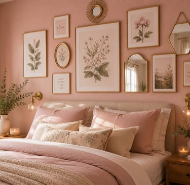 pink bedroom gallery wall ideas with botanical art prints and gold frames