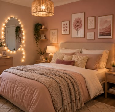 pink bedroom lighting ideas with layered warm lighting and fairy lights