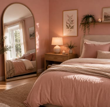 pink bedroom mirror ideas with arched floor mirror and warm natural light
