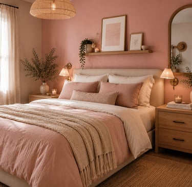 pink bedroom natural wood ideas with oak furniture and warm tones