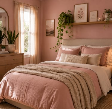 pink bedroom plant ideas with pothos and snake plant for green contrast