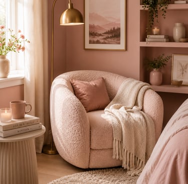 pink bedroom reading corner ideas with bouclé chair and warm floor lamp