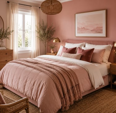 pink bedroom texture ideas with velvet pillow bouclé chair and rattan basket