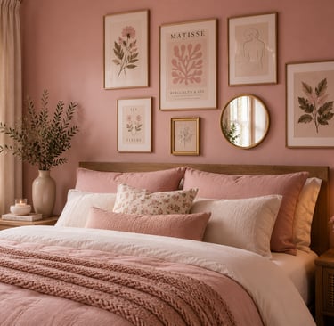 pink bedroom wall art ideas with botanical prints and gallery wall arrangement