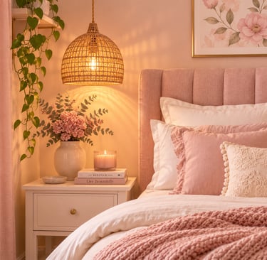 pastel bedroom pendant light ideas with rattan lamp creating warm golden light above nightstand