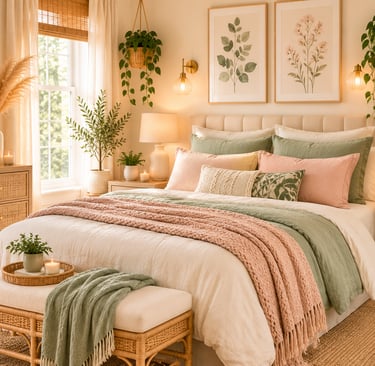 cute bedroom ideas with sage green and cream color palette and natural textures