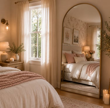 feminine bedroom mirror ideas with large arched gold mirror reflecting natural light