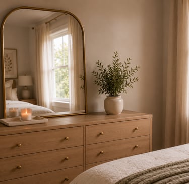 cute bedroom surface styling ideas with edited dresser top and minimal objects