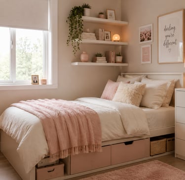 small girly bedroom ideas with space saving furniture and floating shelves