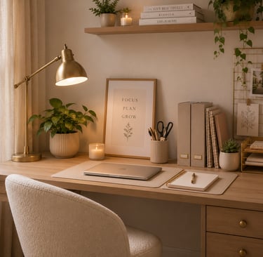 cute bedroom desk ideas with lamp plant and organized stationery