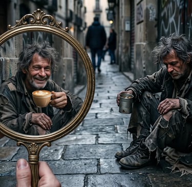 Hombre que cambia su estado de ánimo al ser mirado a través de un espejo.