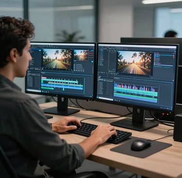 A creative professional working at a dual-monitor editing suite in a modern Latin American / Hispanic office. The screens show vibrant video editing timelines. The lighting is sophisticated, using soft blue-grey tones and dark slate accents.
