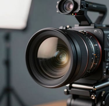 A close-up photograph of a professional cinema camera lens reflecting soft off-white studio lights. The setting is a modern Latin American / Hispanic production studio with dark slate and soft blue-grey shadows in the background, conveying a high-end audiovisual production mood.