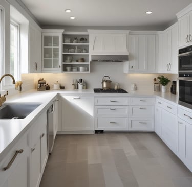 Bright white shaker kitchen cabinets paired with sleek gray solid surface countertops.