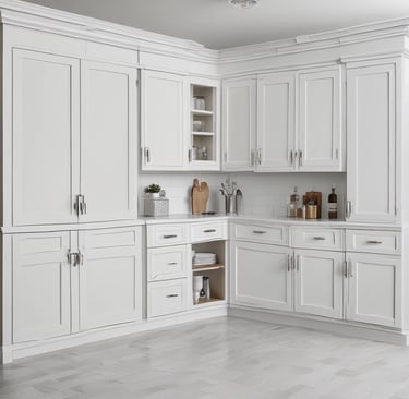 Spacious kitchen showcasing streamlined cabinetry and coordinated flooring for a clean look.