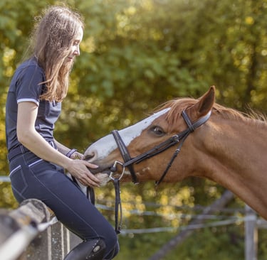 Une femme assise sur une barrière avec un cheval devant elle