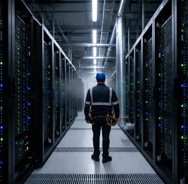 IT technician in a hard hat walking through a modern data center with rows of glowing server racks.