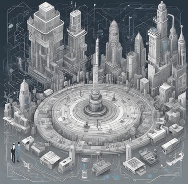 Isometric futuristic city blueprint showing sci-fi architecture and a central tower on a circuit board background.