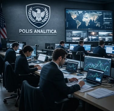 Data analysts in a high-tech cybersecurity operations center monitoring global intelligence on digital screens.