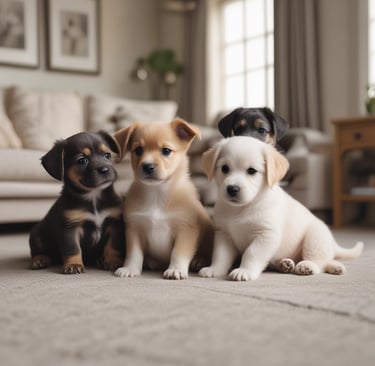 A small group of dogs playing together in a bright, open indoor daycare space.