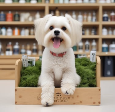 Eco-friendly dog toys and sustainable treats displayed on a clean wooden shelf.
