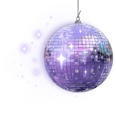 A sparkling purple disco ball reflecting light with glittering stars on a black background.