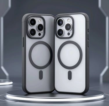 Selection of stylish phone cases in black and gray tones, laid out neatly on a minimalist table.