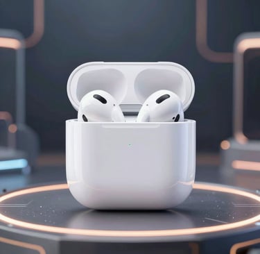 A pair of AirPods resting inside their charging case, shown with a subtle gray gradient background.