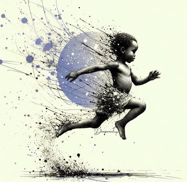 expressive ink artwork of an African child suspended in motion, full of energy, curiosity, and quiet